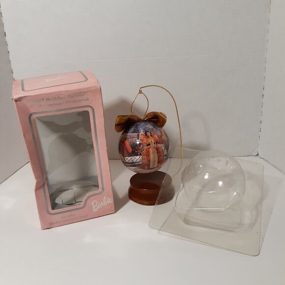 1997 Holiday Barbie 4" Decoupage Ornament With Box & Wooden Display Stand - Picture 2 of 6